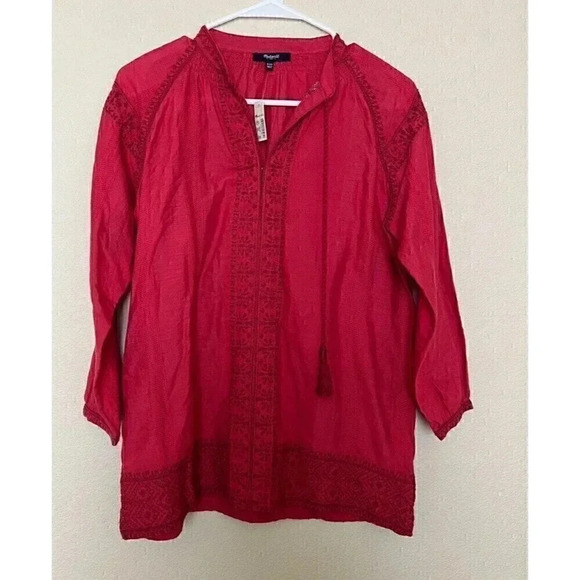 Madewell Women's Top Size XXS Red Embroidered 3/4 Sleeve Tassel Holiday - Picture 5 of 11